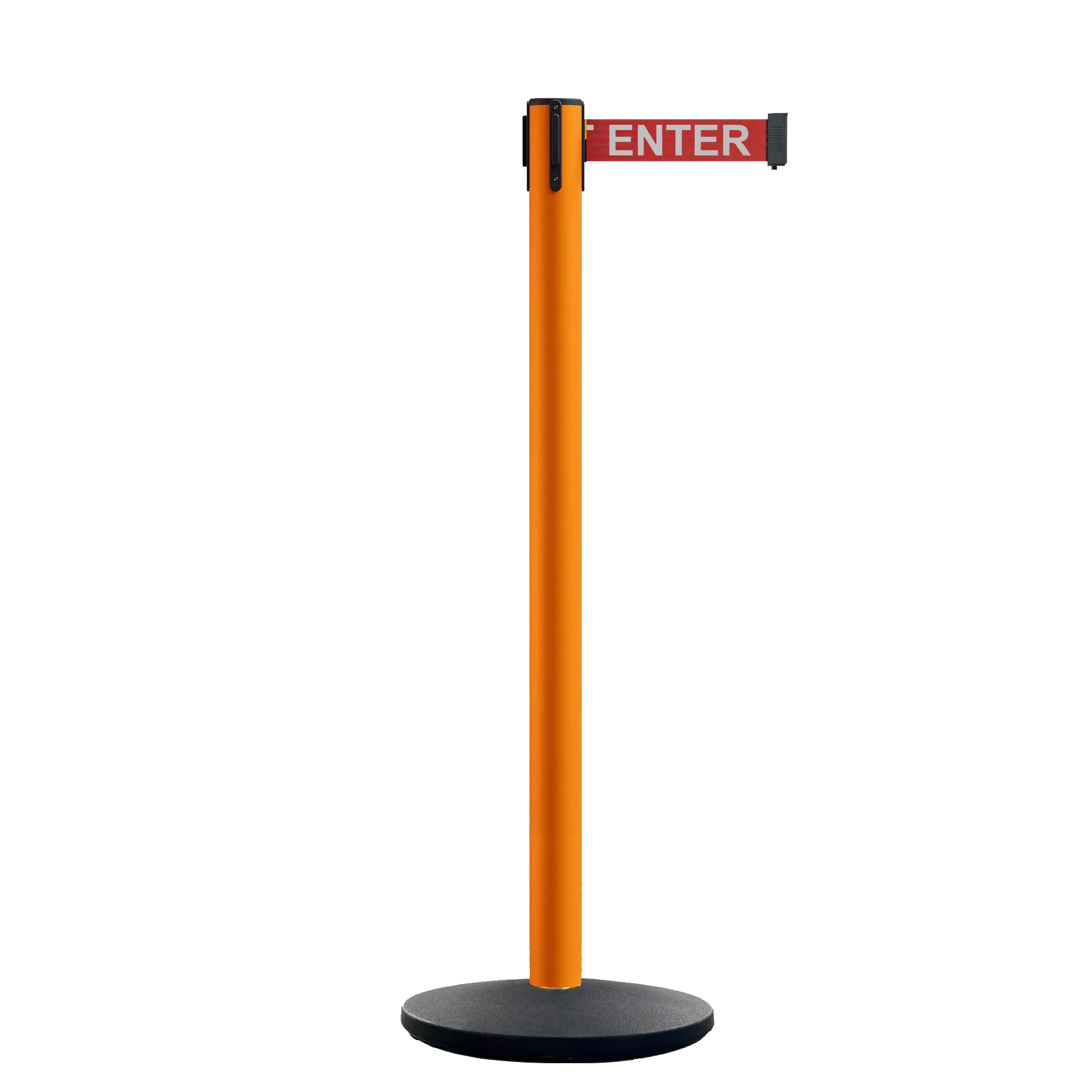 Retractable Belt Barrier Stanchion, Orange Post, Cast Iron Base, 11 Ft. Belt - Montour Line MSI630