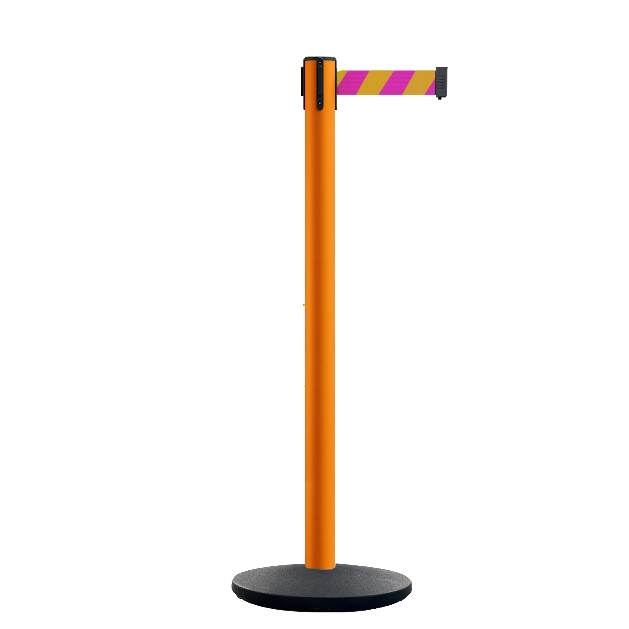Retractable Belt Barrier Stanchion, Orange Post, Cast Iron Base, 11 Ft. Belt - Montour Line MSI630