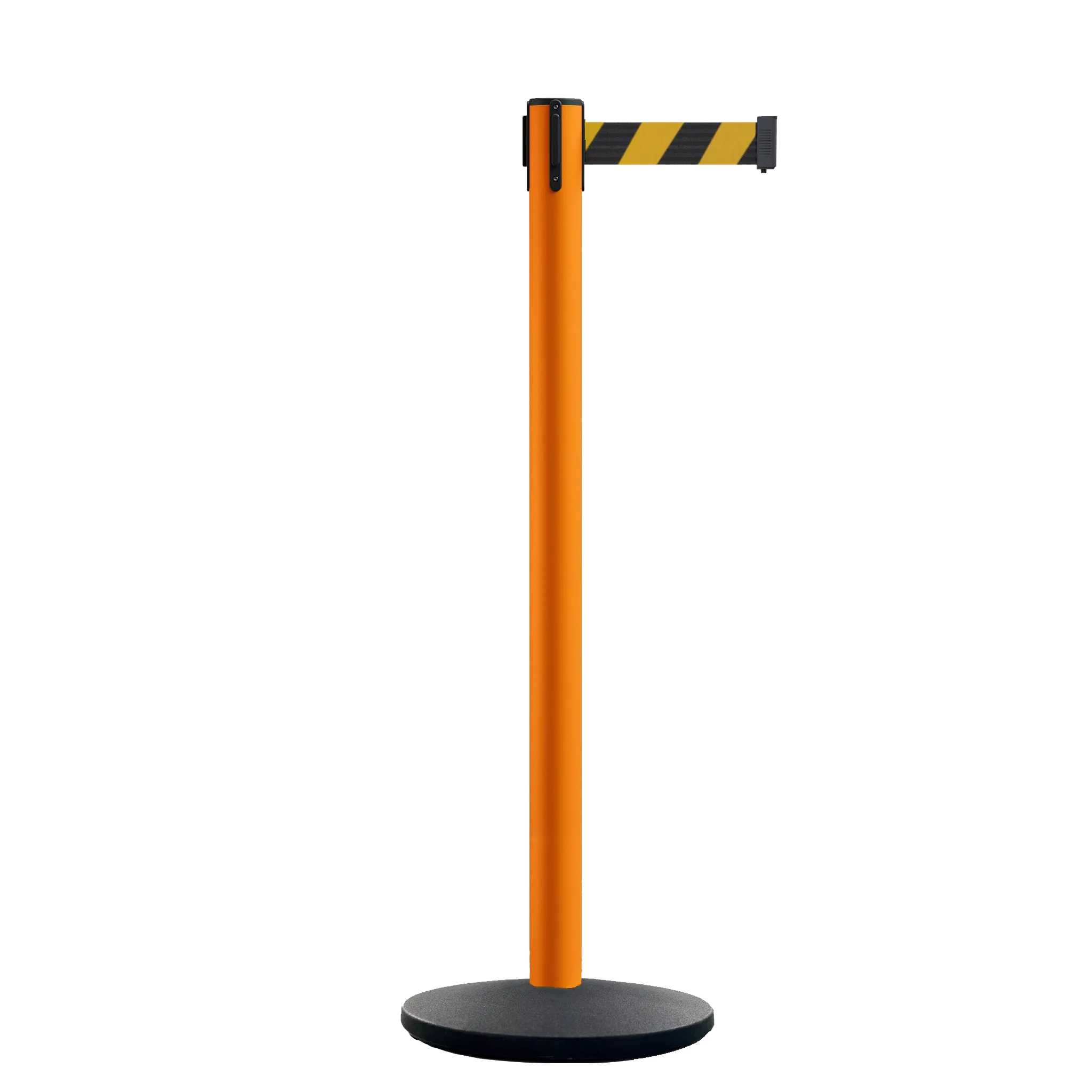 Retractable Belt Barrier Stanchion, Orange Post, Cast Iron Base, 11 Ft. Belt - Montour Line MSI630