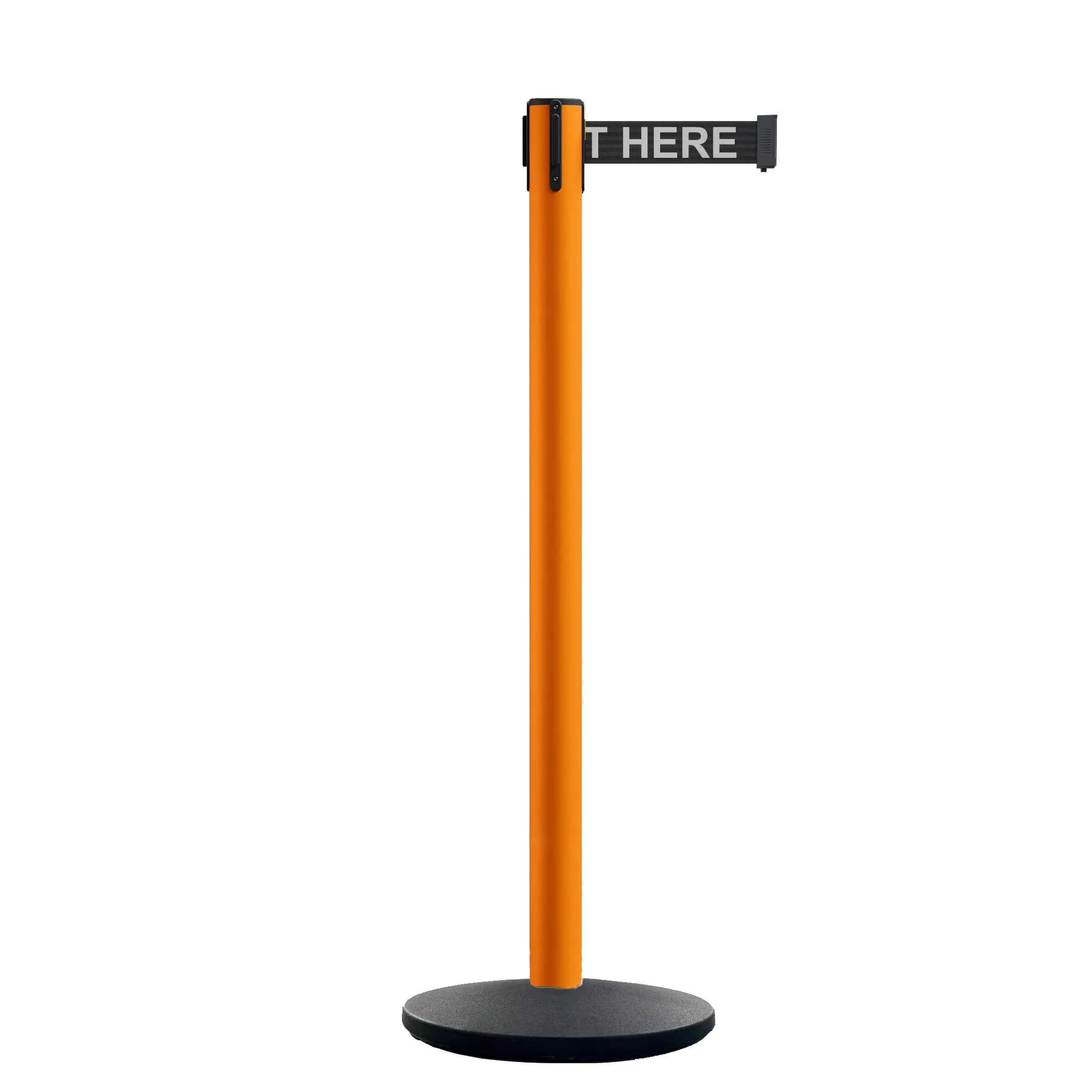 Retractable Belt Barrier Stanchion, Orange Post, Cast Iron Base, 11 Ft. Belt - Montour Line MSI630