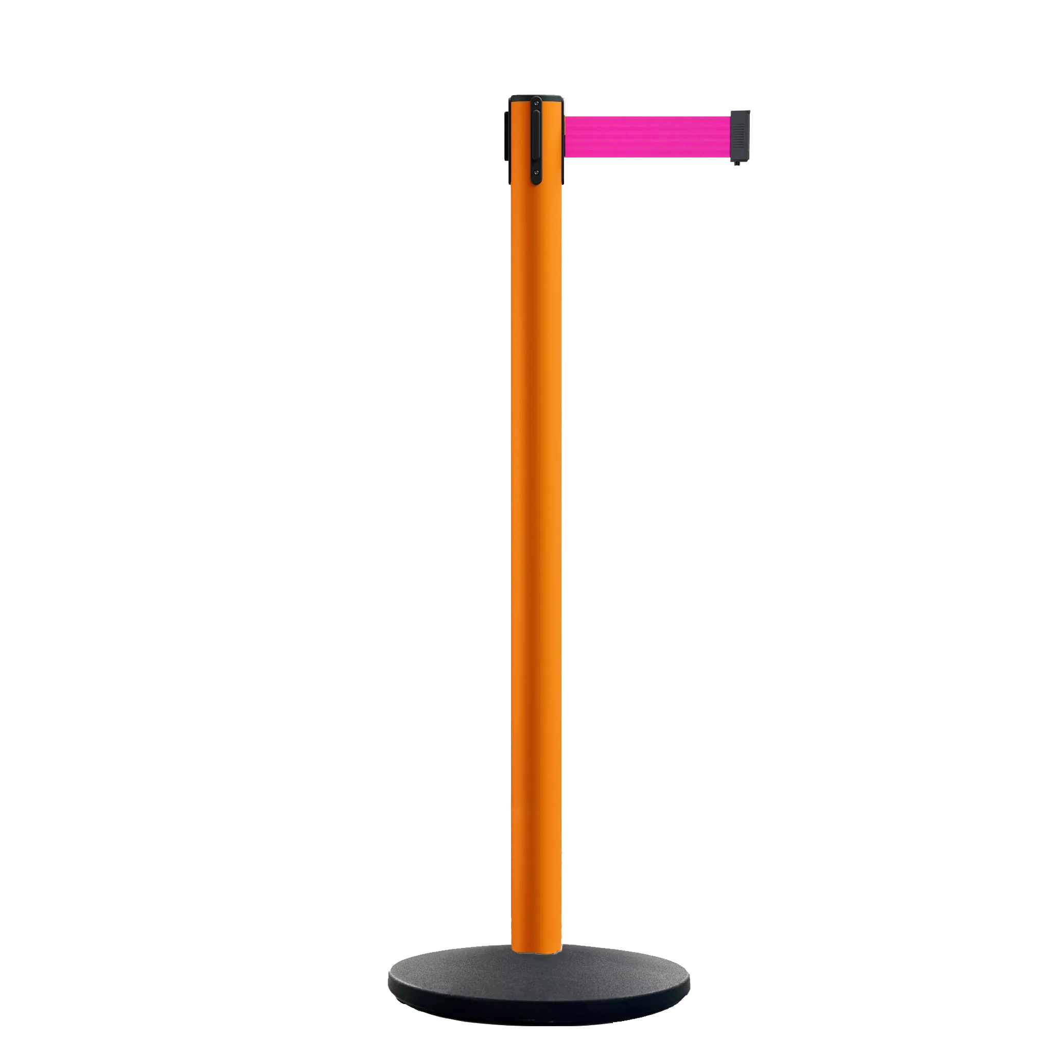 Retractable Belt Barrier Stanchion, Orange Post, Cast Iron Base, 11 Ft. Belt - Montour Line MSI630