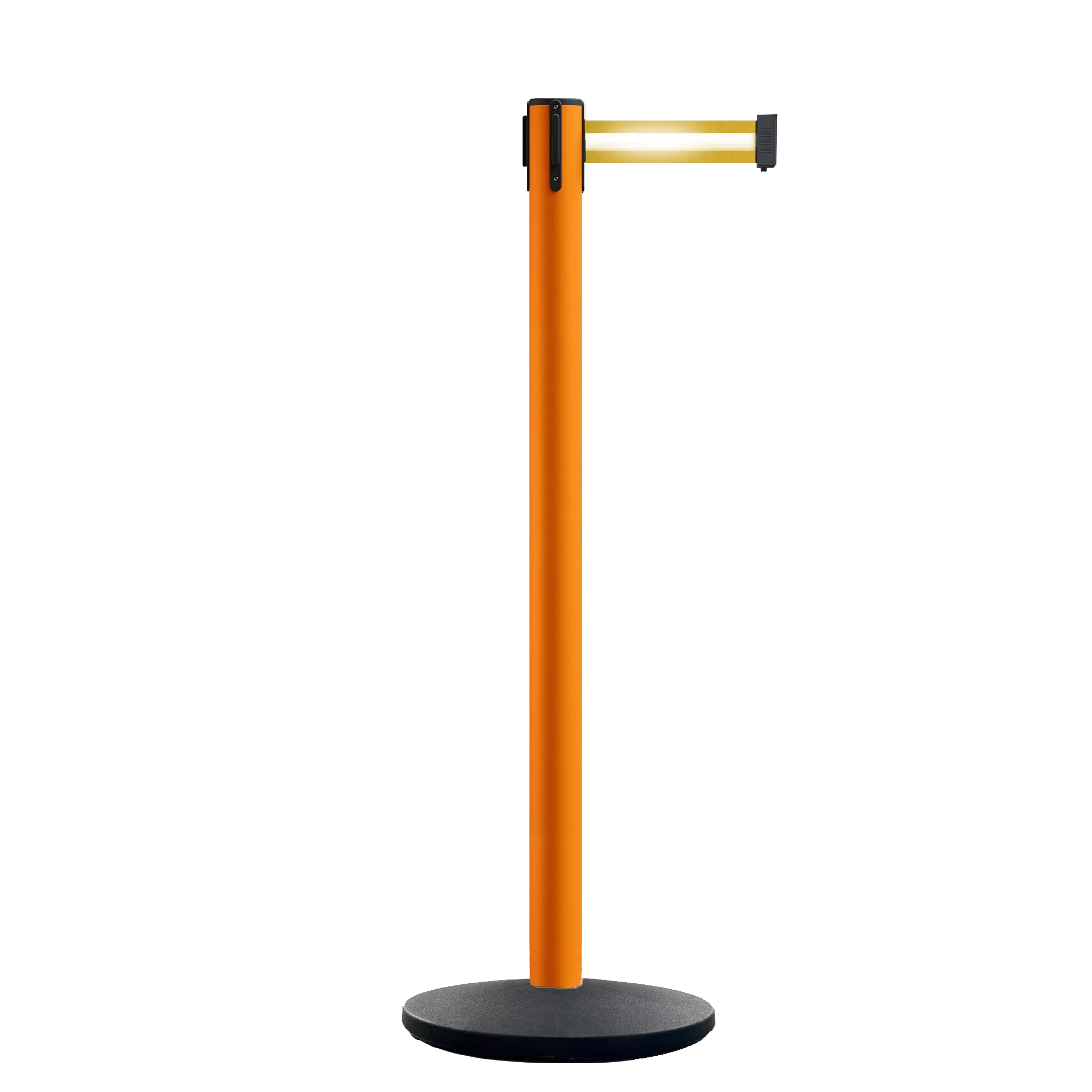 Retractable Belt Barrier Stanchion, Orange Post, Cast Iron Base, 11 Ft. Belt - Montour Line MSI630