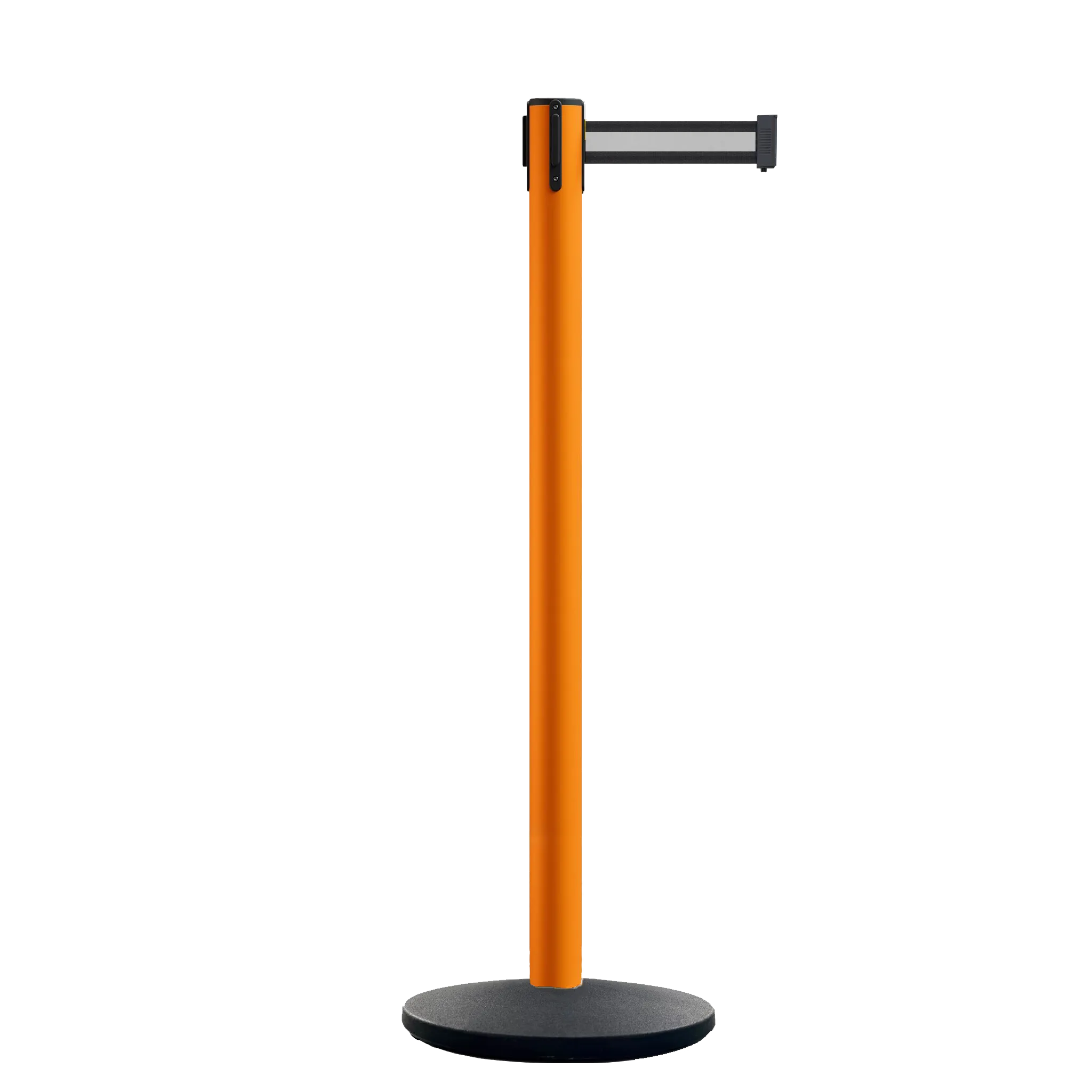 Retractable Belt Barrier Stanchion, Orange Post, Cast Iron Base, 11 Ft. Belt - Montour Line MSI630