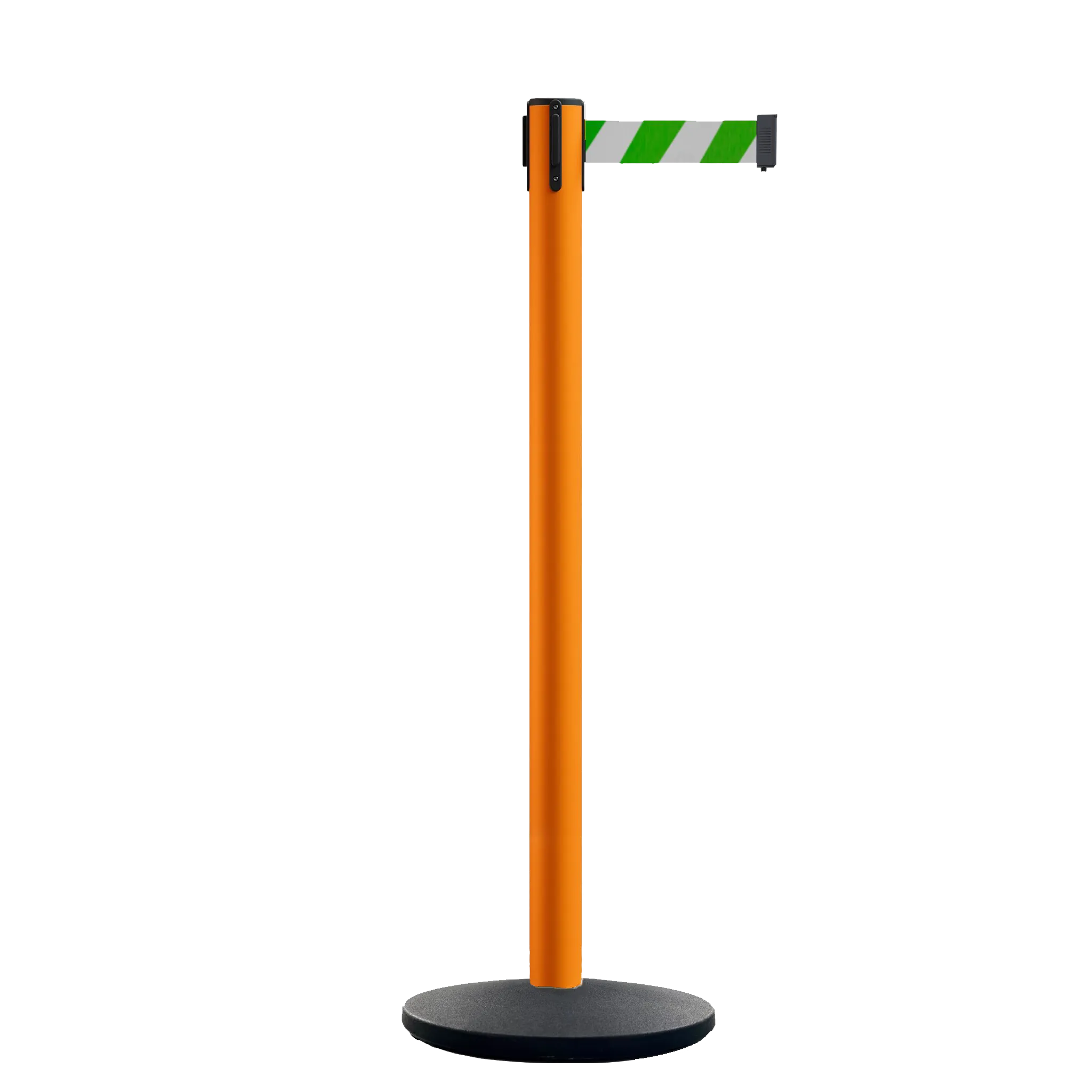 Retractable Belt Barrier Stanchion, Orange Post, Cast Iron Base, 11 Ft. Belt - Montour Line MSI630