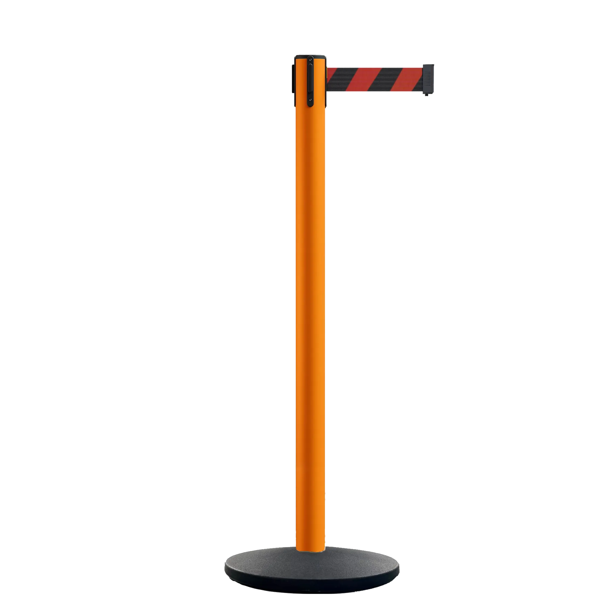 Retractable Belt Barrier Stanchion, Orange Post, Cast Iron Base, 11 Ft. Belt - Montour Line MSI630