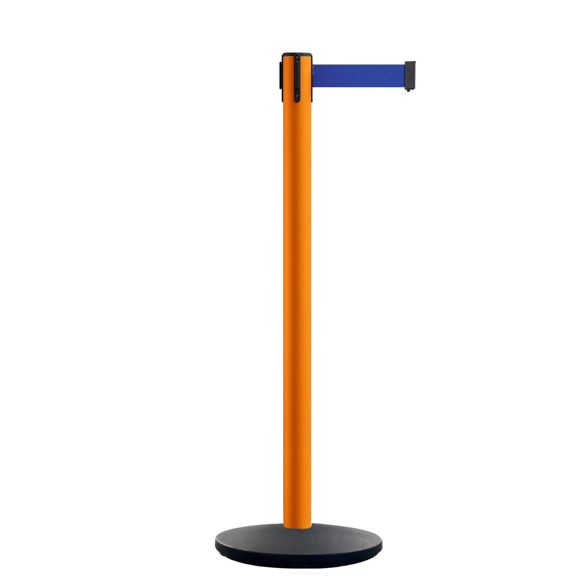 Retractable Belt Barrier Stanchion, Orange Post, Cast Iron Base, 11 Ft. Belt - Montour Line MSI630