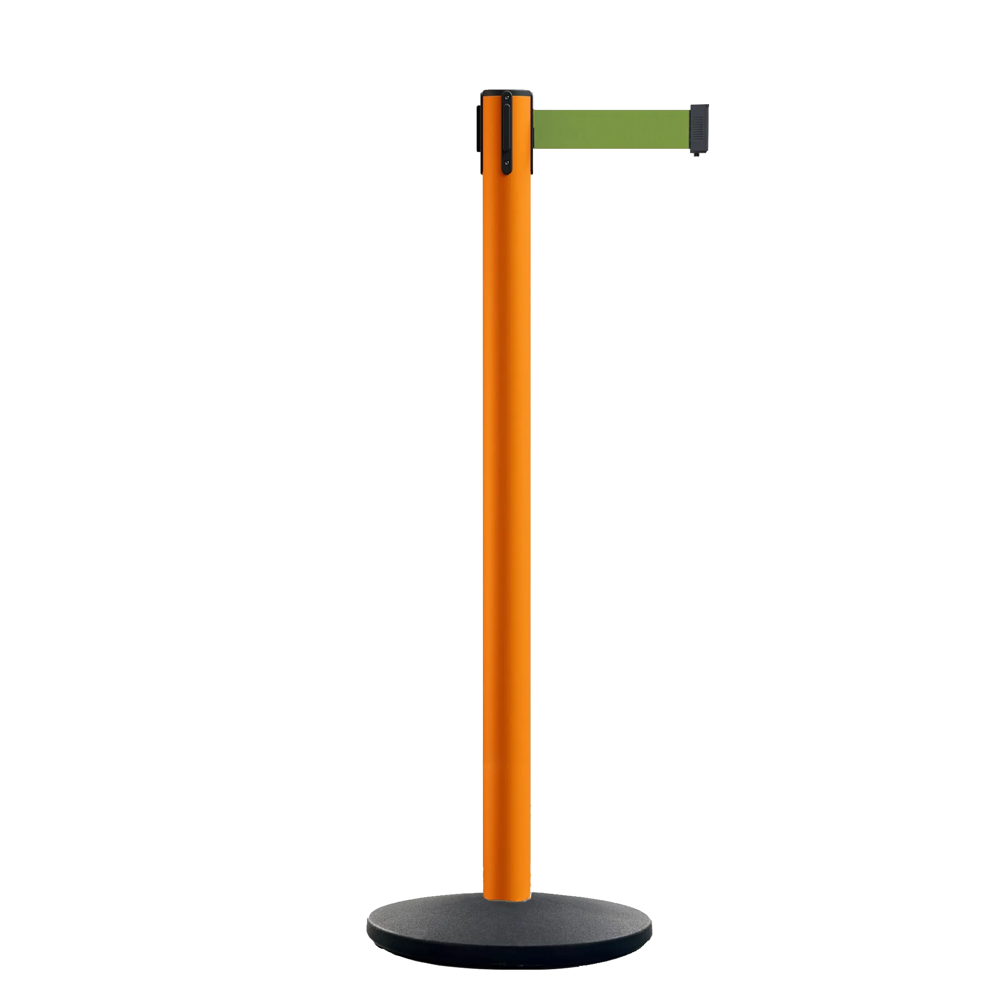 Retractable Belt Barrier Stanchion, Orange Post, Cast Iron Base, 11 Ft. Belt - Montour Line MSI630