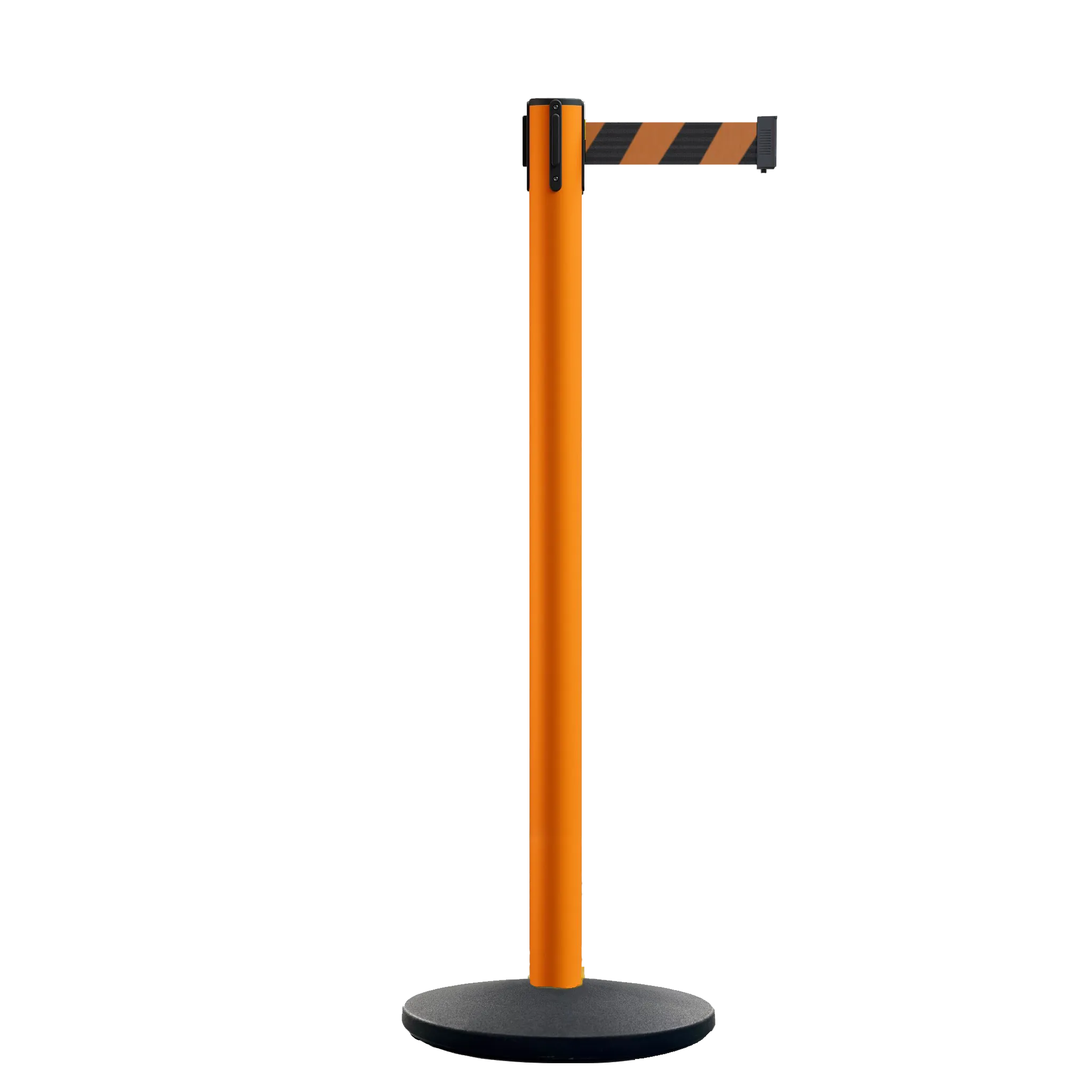 Retractable Belt Barrier Stanchion, Orange Post, Cast Iron Base, 11 Ft. Belt - Montour Line MSI630