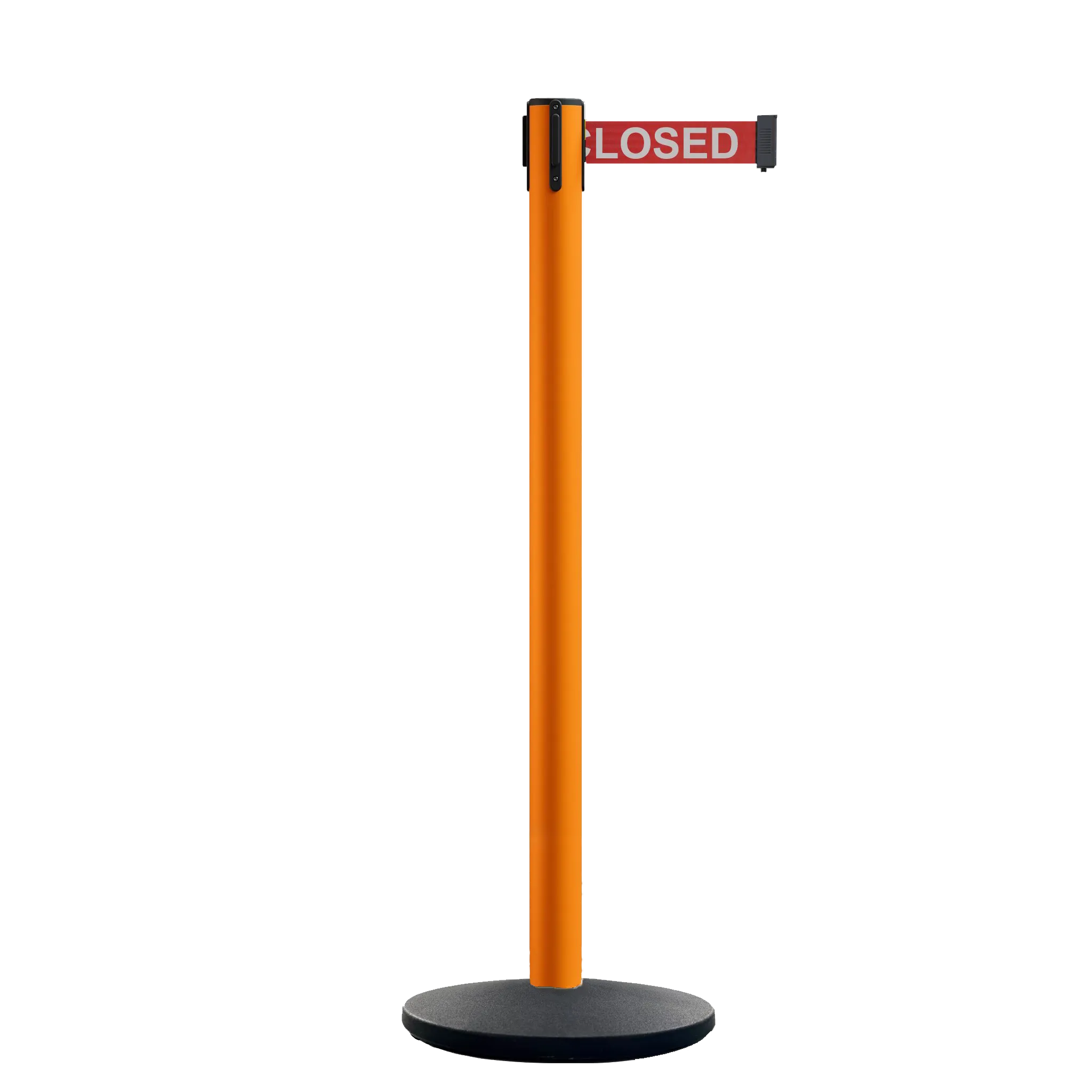 Retractable Belt Barrier Stanchion, Orange Post, Cast Iron Base, 11 Ft. Belt - Montour Line MSI630