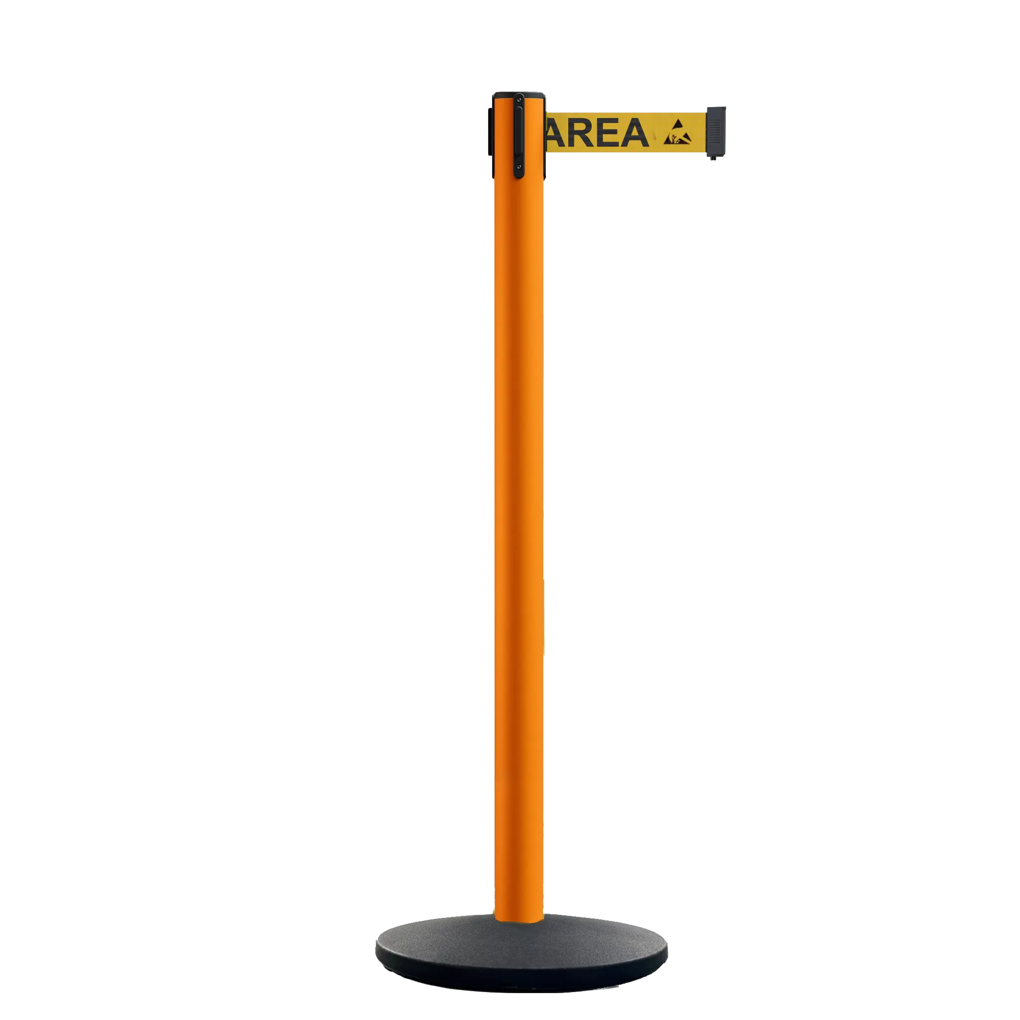 Retractable Belt Barrier Stanchion, Orange Post, Cast Iron Base, 11 Ft. Belt - Montour Line MSI630