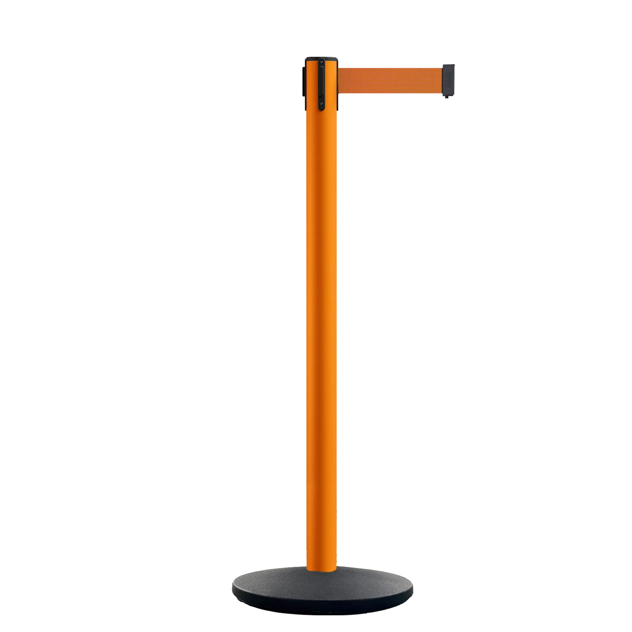 Retractable Belt Barrier Stanchion, Orange Post, Cast Iron Base, 11 Ft. Belt - Montour Line MSI630