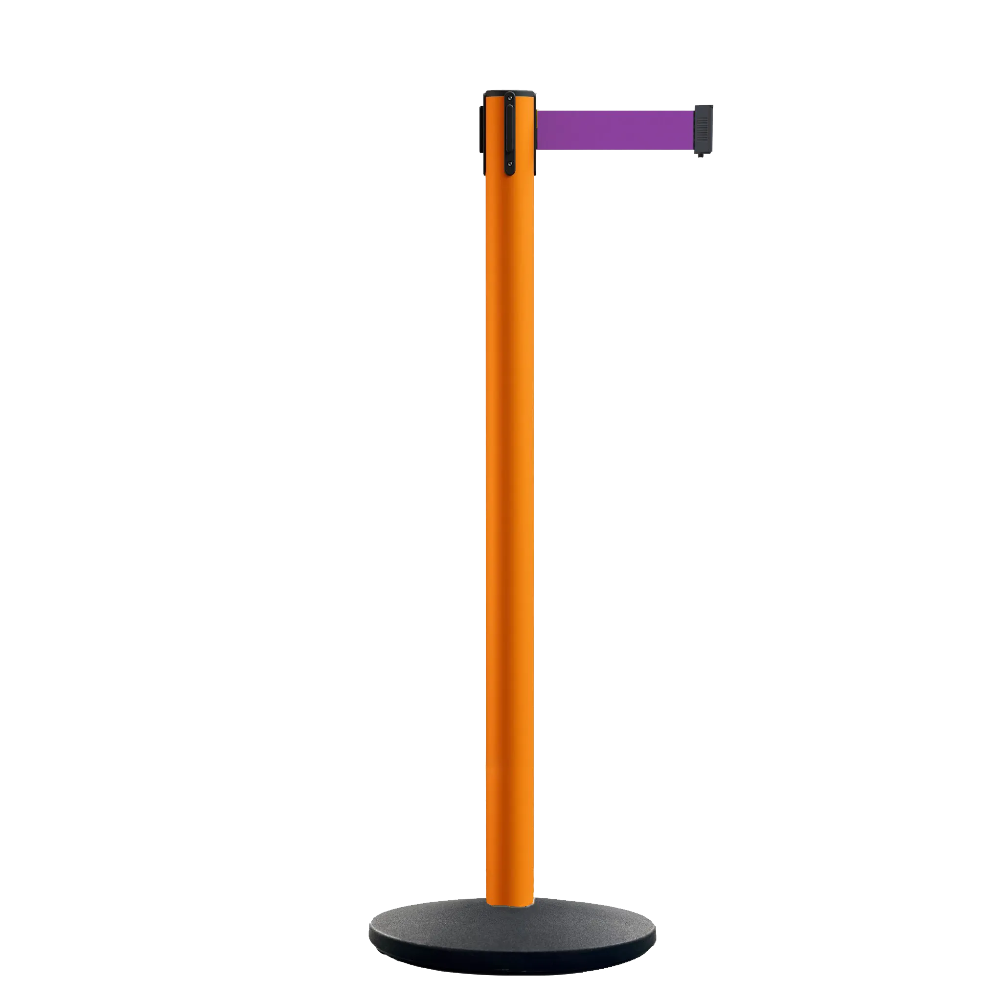 Retractable Belt Barrier Stanchion, Orange Post, Cast Iron Base, 11 Ft. Belt - Montour Line MSI630