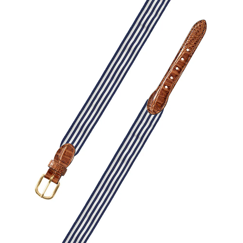Thin Stripe Navy & White Grosgrain Ribbon Leather Tab Belt
