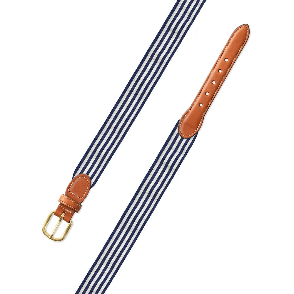 Thin Stripe Navy & White Grosgrain Ribbon Leather Tab Belt