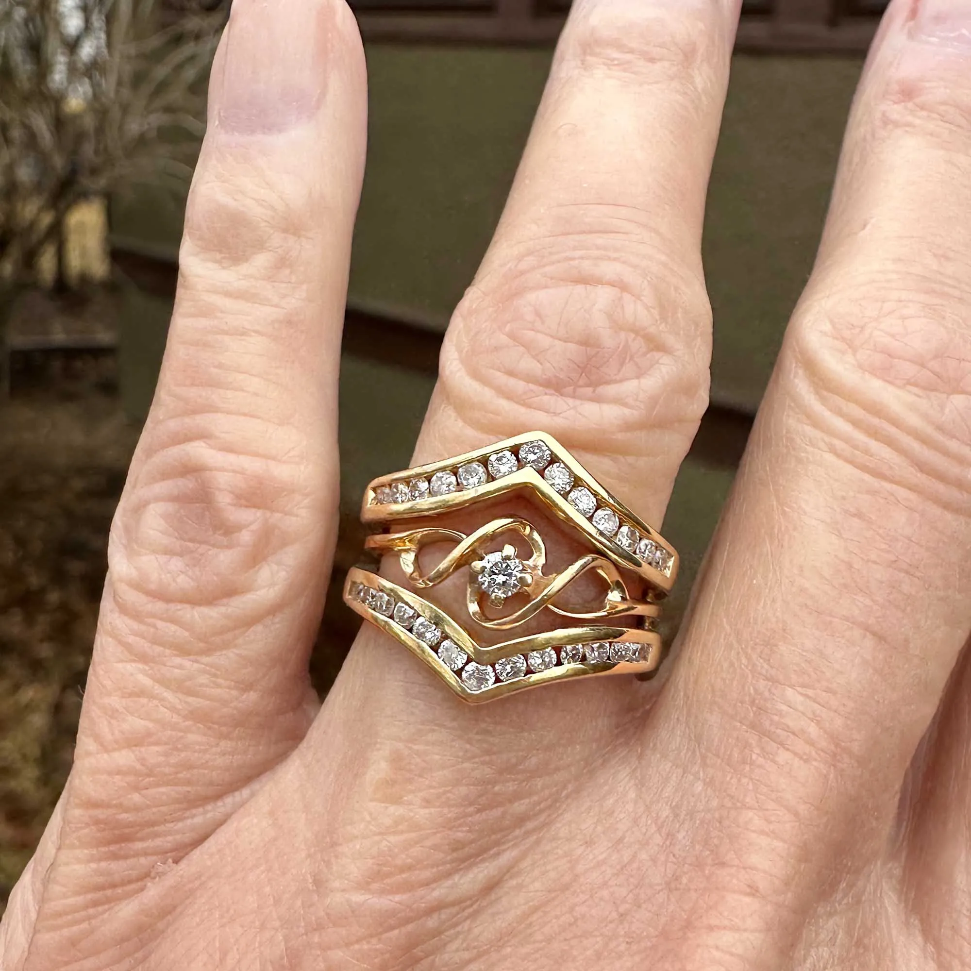 Vintage 14K Gold Diamond Solitaire Ring w Chevron Jacket