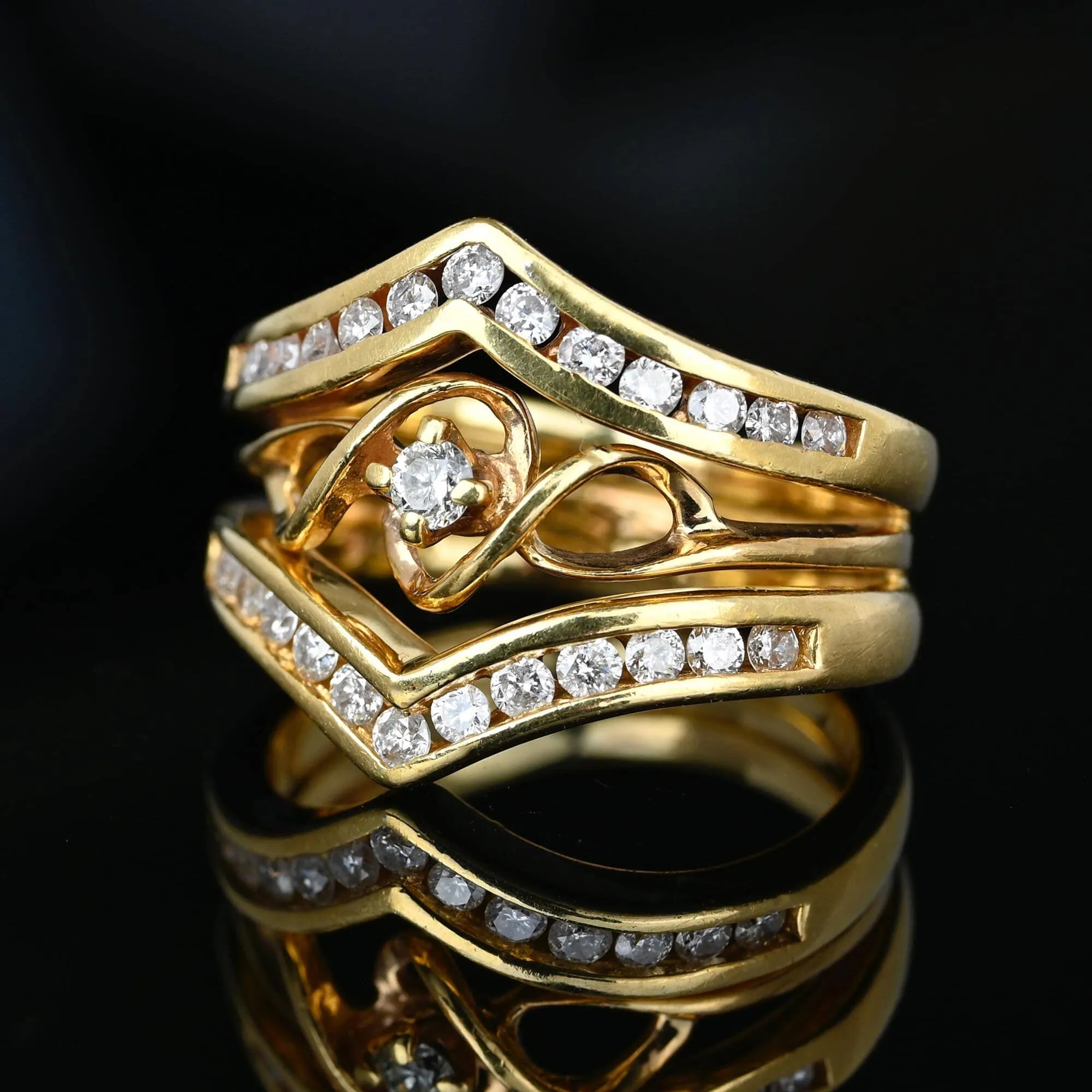 Vintage 14K Gold Diamond Solitaire Ring w Chevron Jacket