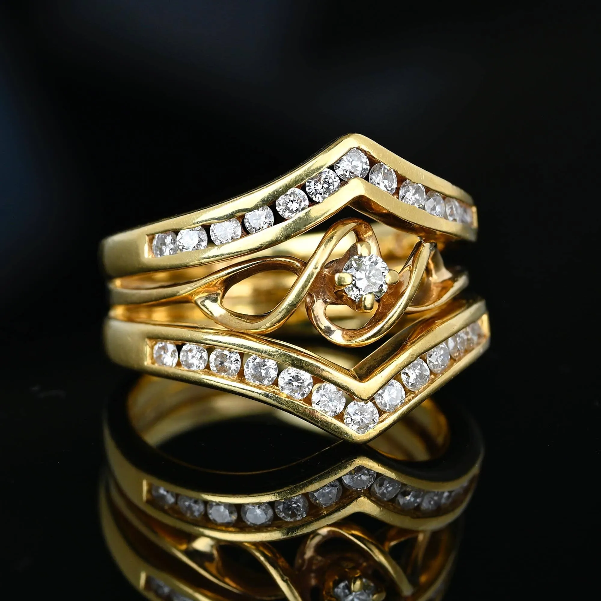 Vintage 14K Gold Diamond Solitaire Ring w Chevron Jacket