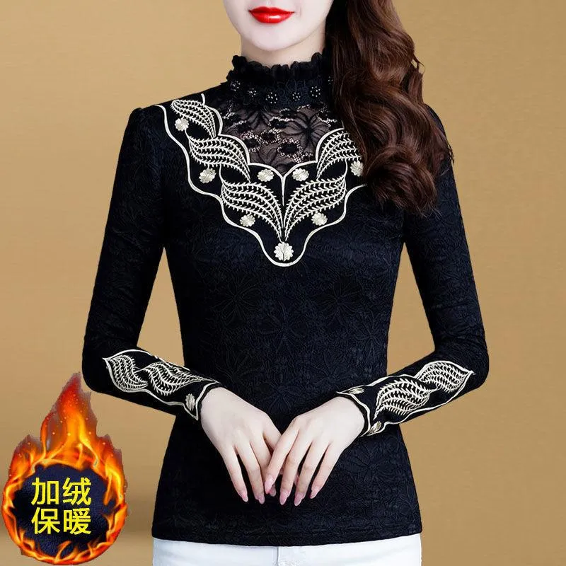 Women Lace Warm High Collar Long Sleeve Blouse