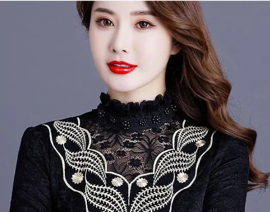 Women Lace Warm High Collar Long Sleeve Blouse