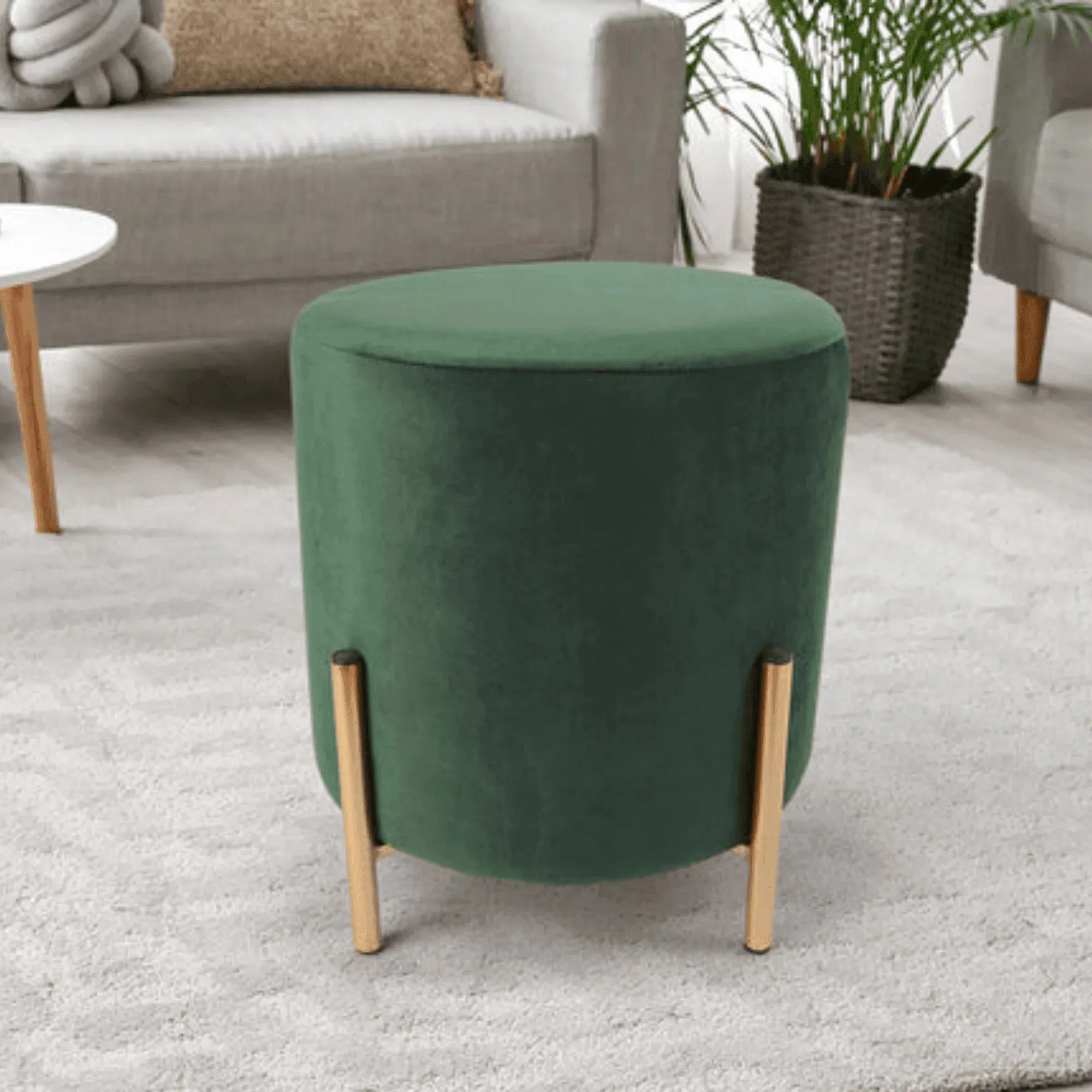 Wooden Twist Luxury Velvet Round Foot Stool Ottoman Pouf - Plush and Stylish Home Decor Accent