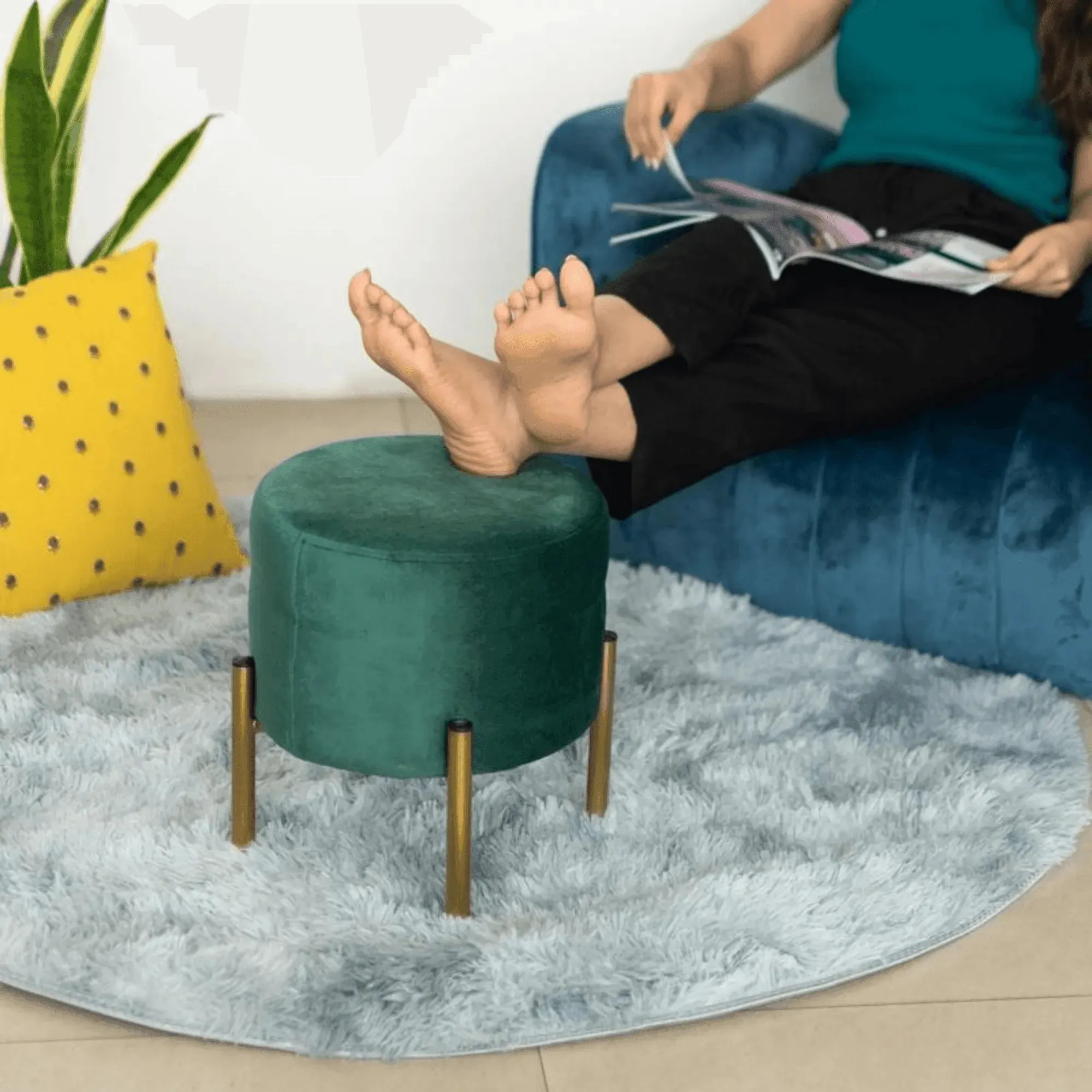 Wooden Twist Luxury Velvet Round Foot Stool Ottoman Pouf - Plush and Stylish Home Decor Accent