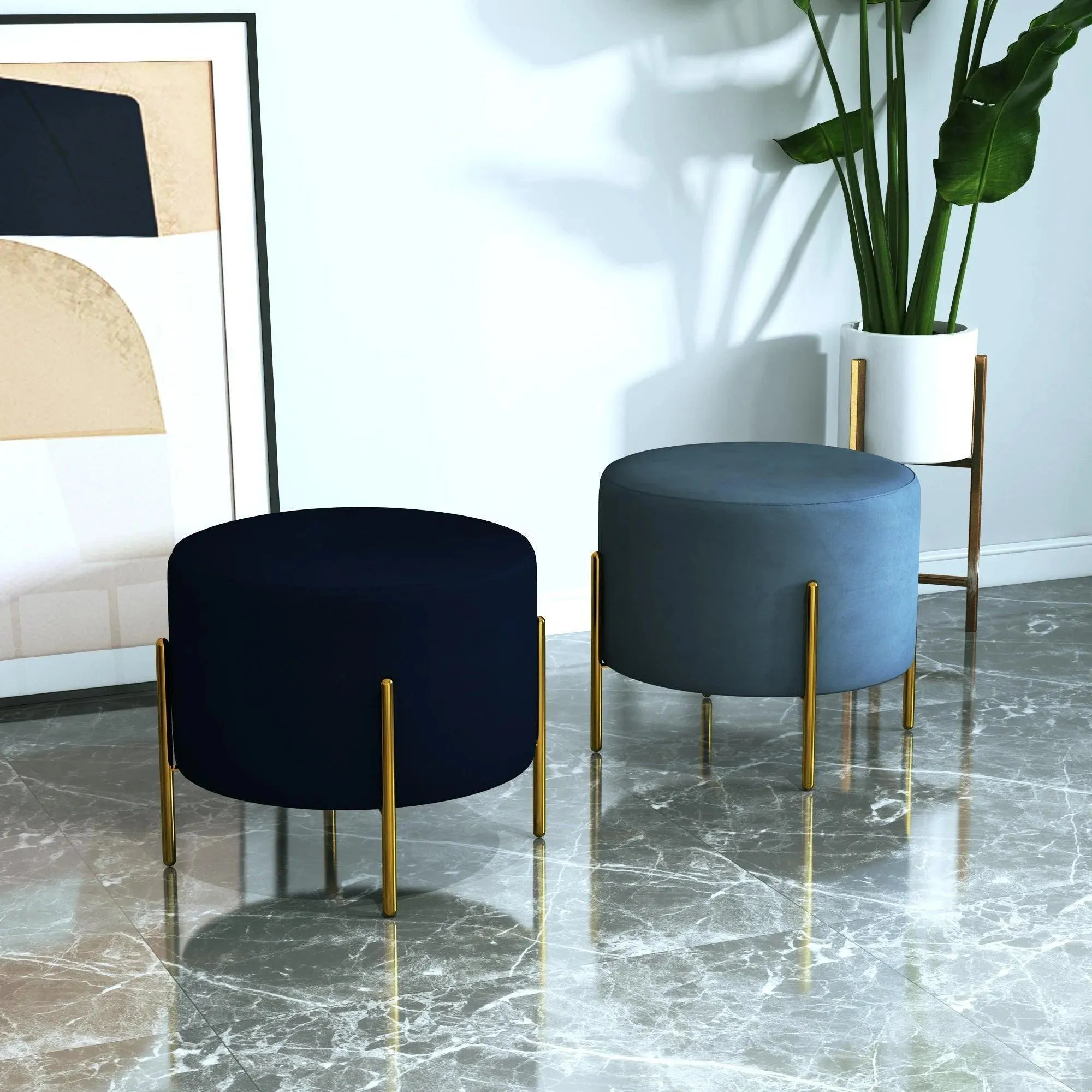 Wooden Twist Luxury Velvet Round Foot Stool Ottoman Pouf - Plush and Stylish Home Decor Accent