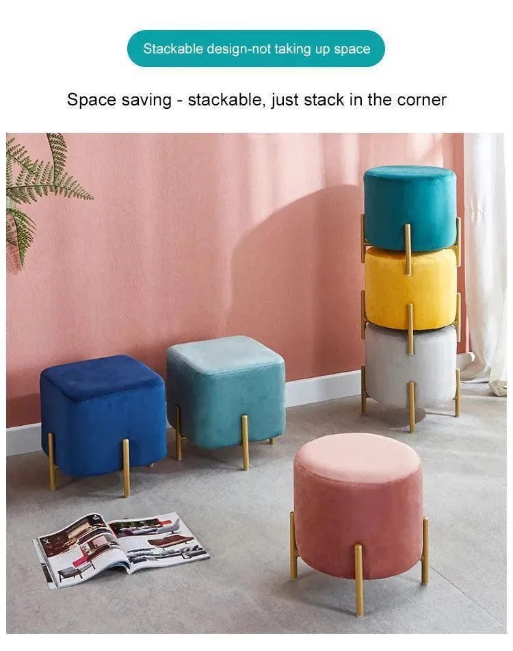 Wooden Twist Luxury Velvet Round Foot Stool Ottoman Pouf - Plush and Stylish Home Decor Accent