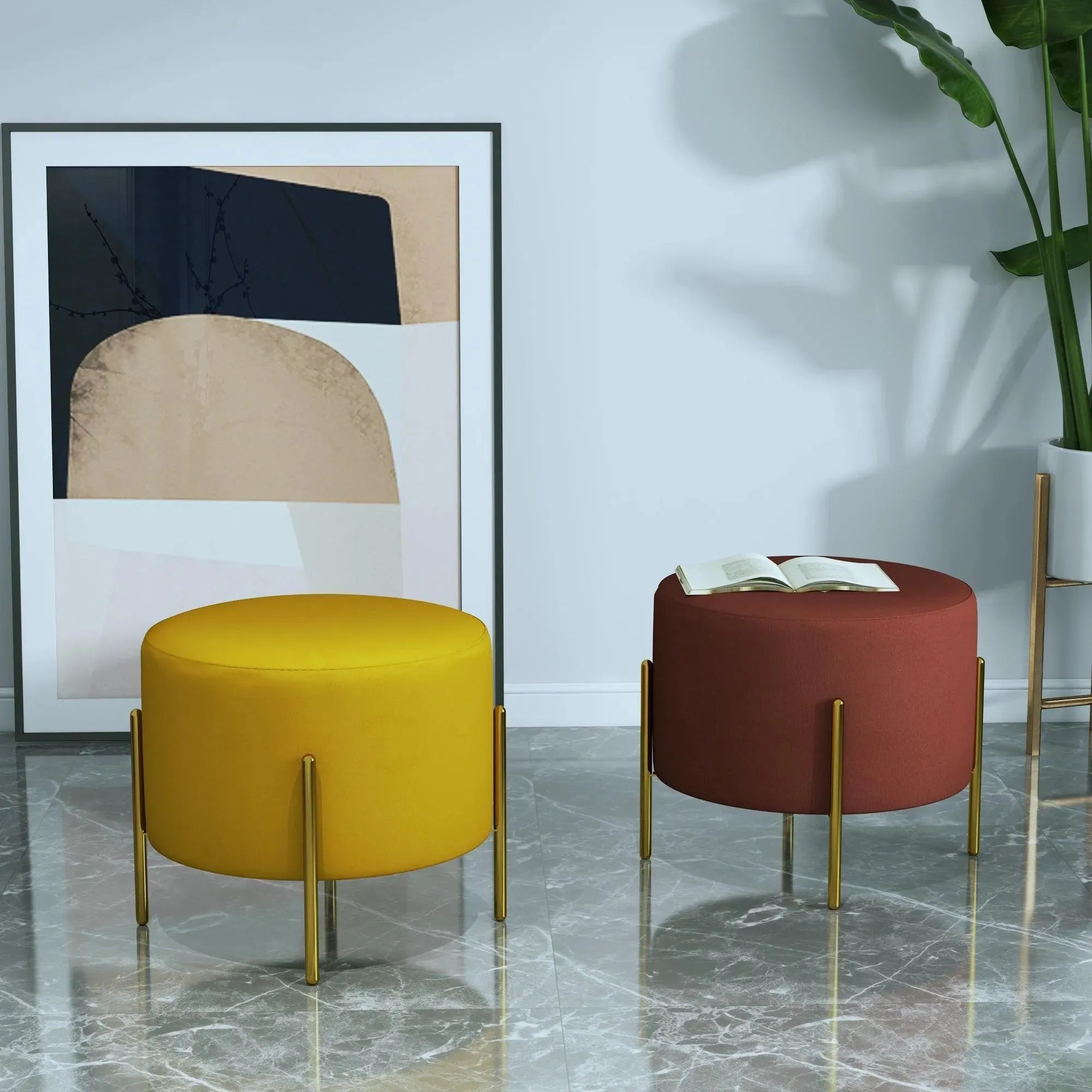Wooden Twist Luxury Velvet Round Foot Stool Ottoman Pouf - Plush and Stylish Home Decor Accent
