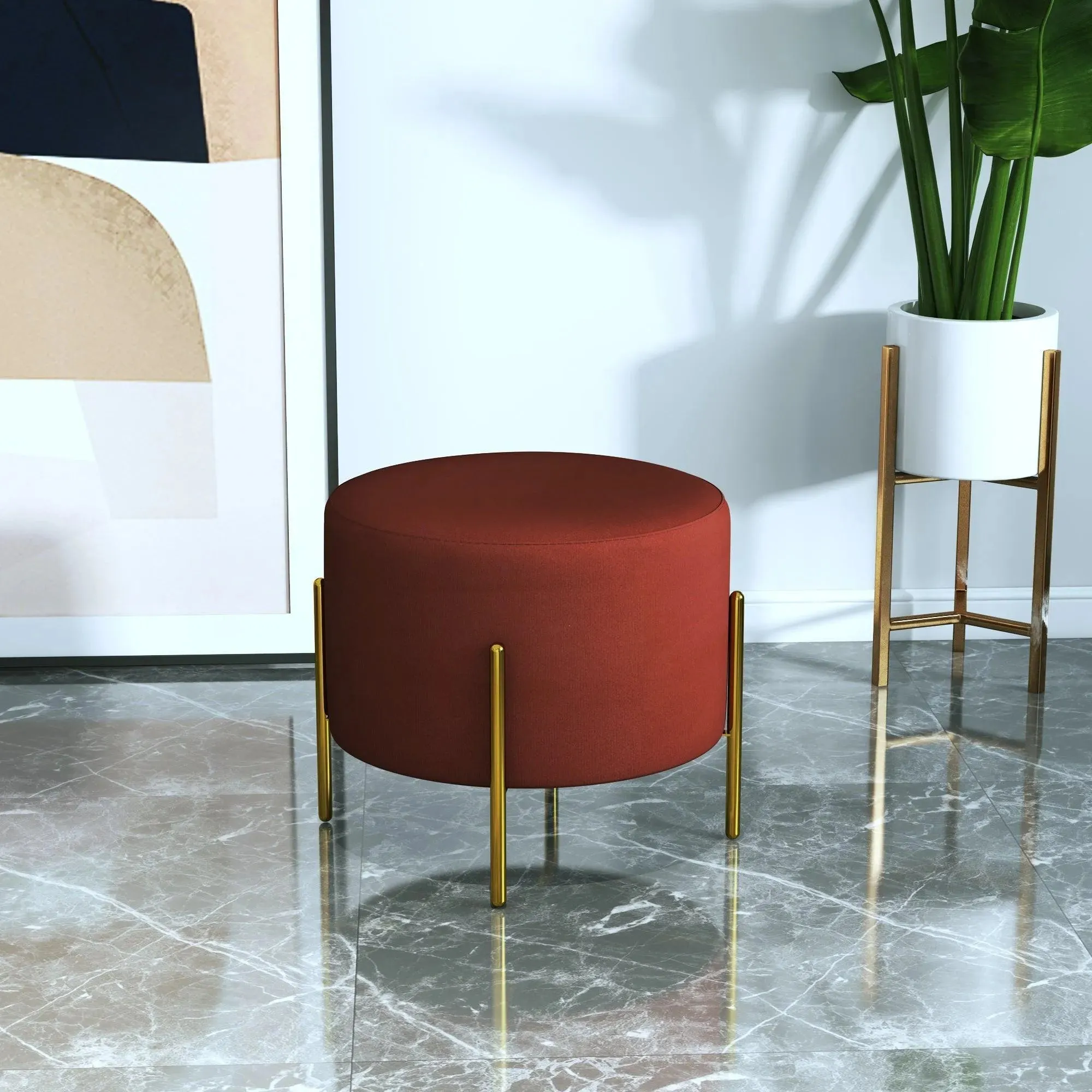 Wooden Twist Luxury Velvet Round Foot Stool Ottoman Pouf - Plush and Stylish Home Decor Accent