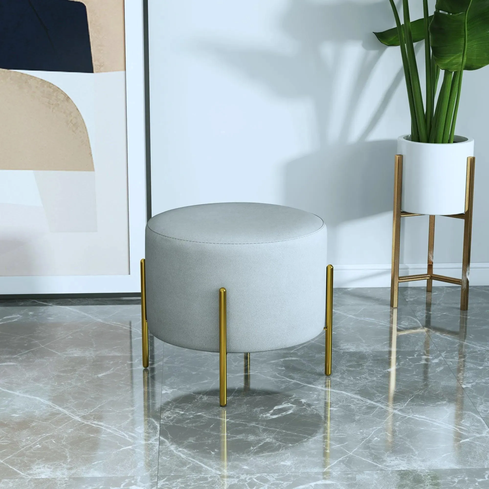 Wooden Twist Luxury Velvet Round Foot Stool Ottoman Pouf - Plush and Stylish Home Decor Accent