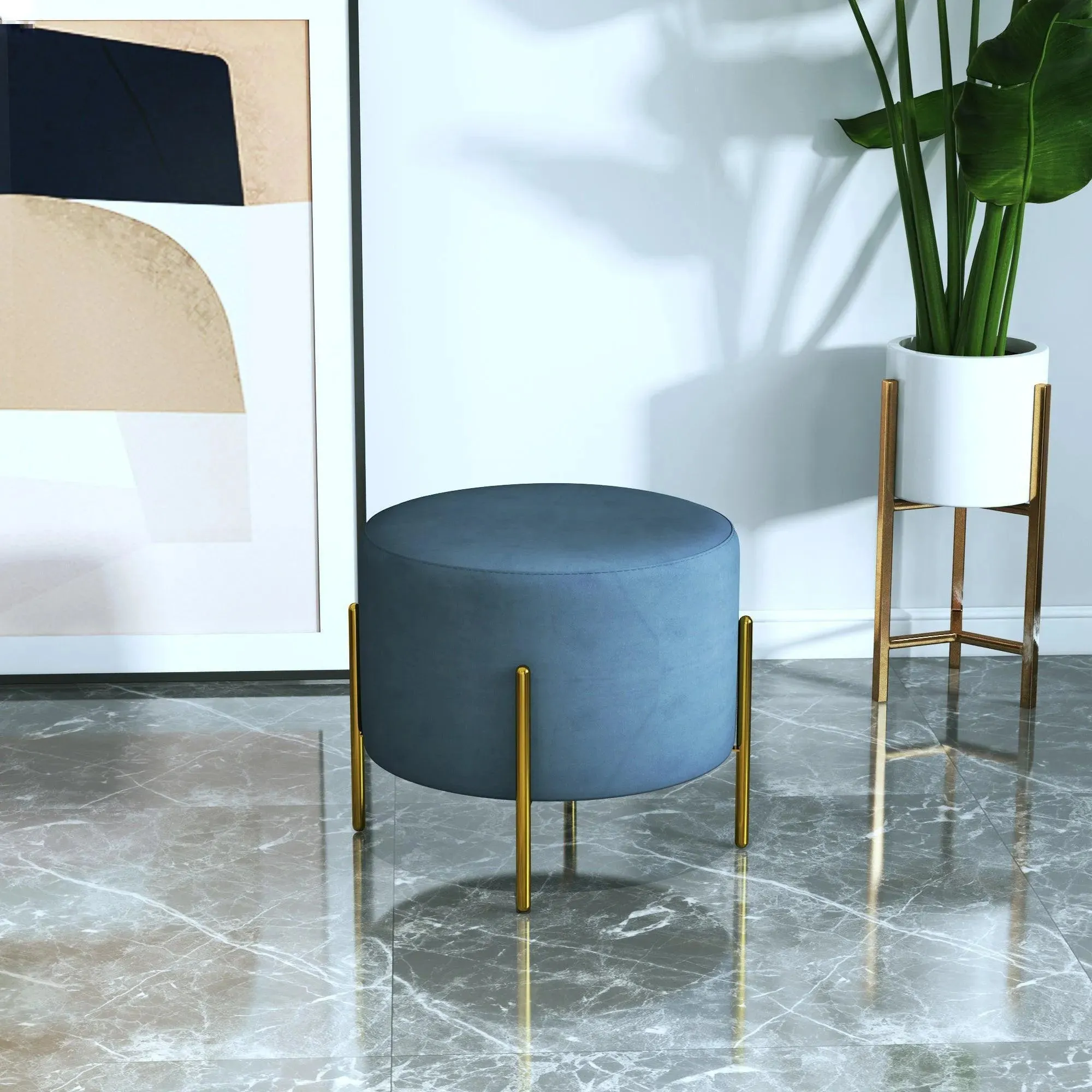 Wooden Twist Luxury Velvet Round Foot Stool Ottoman Pouf - Plush and Stylish Home Decor Accent