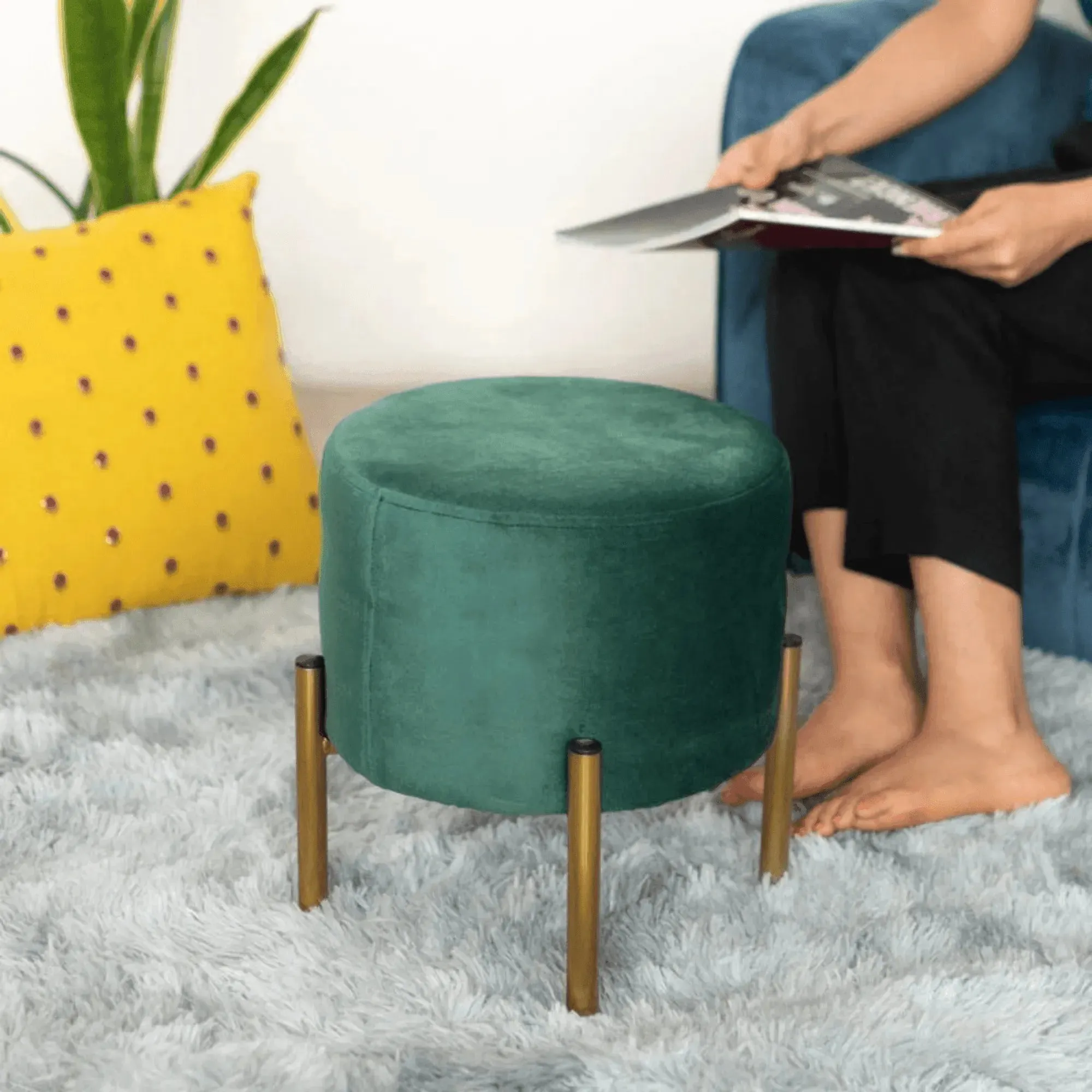 Wooden Twist Luxury Velvet Round Foot Stool Ottoman Pouf - Plush and Stylish Home Decor Accent